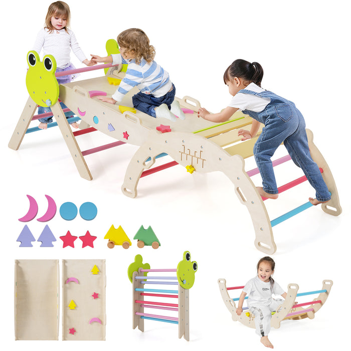 7-in-1 Triangle Set for Kids Frog Climbing Frame with Ramp and Foldable Triangle-Natural