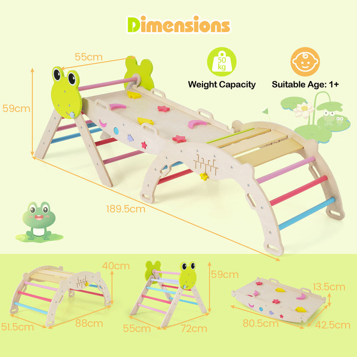 7-in-1 Triangle Set for Kids Frog Climbing Frame with Ramp and Foldable Triangle-Natural