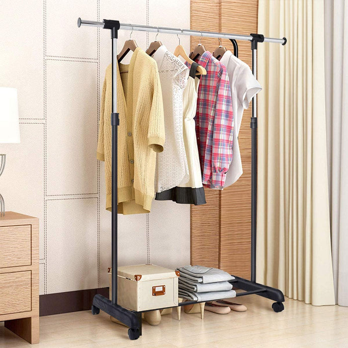 Single Rail Adjustable Garment Rack - With Wheels and Bottom Shelf Features - Perfect Solution for Extra Clothing Storage