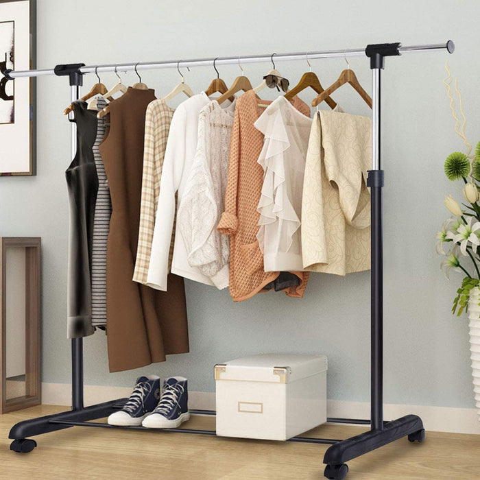 Single Rail Adjustable Garment Rack - With Wheels and Bottom Shelf Features - Perfect Solution for Extra Clothing Storage