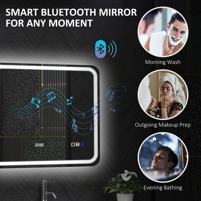 HOMCOM 60 x 80 cm Bluetooth LED Bathroom Mirror with Clock Anti-Fog - Silver Tone