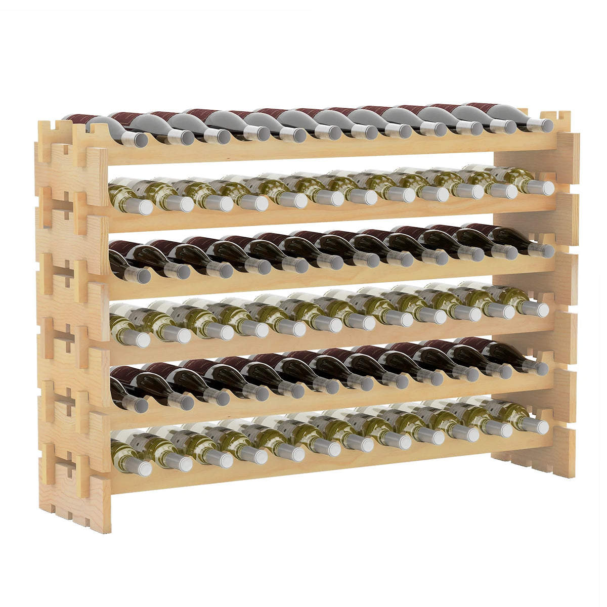 72 Bottles Wine Rack 6-Tier Stackable Wine Storage Stand with Solid Wood Frame-Natural