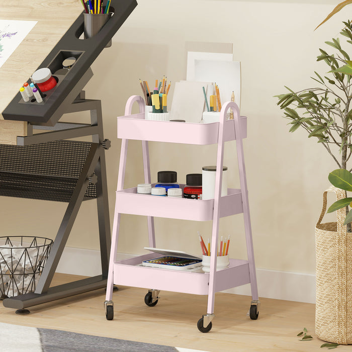 HOMCOM Three-Tier Storage Trolley - Pink