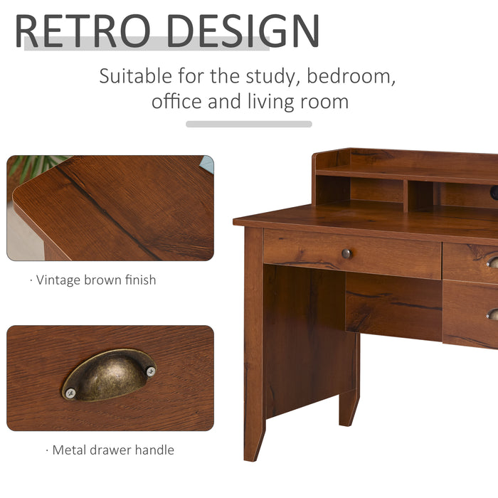 Vintage-Style Workstation Desk - Spacious Table Top with Storage Drawers, Shelves, and Metal Handles - Ideal Computer Desk for Home Office and Study Use