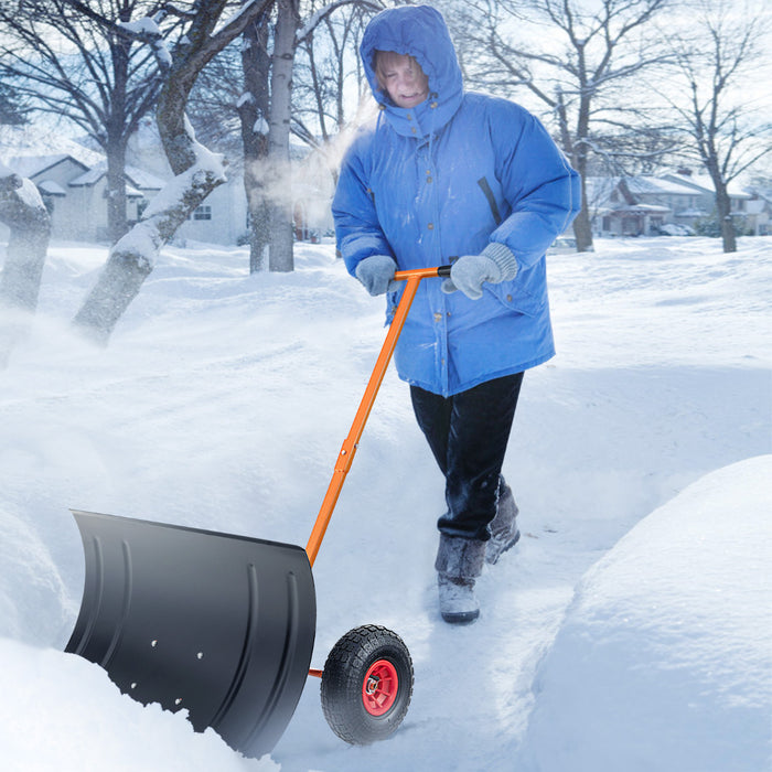 74 CM Metal Snow Pusher with Wheels for Driveway-