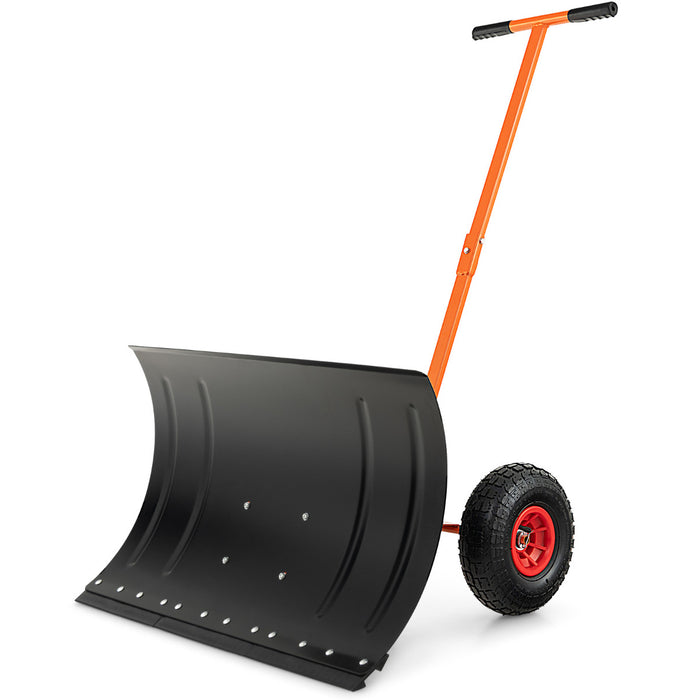 74 CM Metal Snow Pusher with Wheels for Driveway-