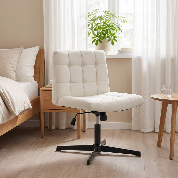 HOMCOM Armless Office Chair, Cross Legged Linen Computer Desk Vanity Chair with Wide Seat, Rocking Function, Beige
