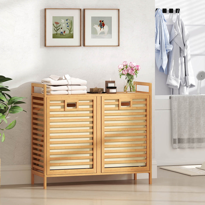 75L Double Tilt-out Laundry Hamper Bamboo with 2 Removable Bins-