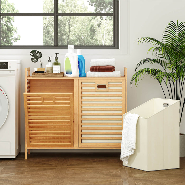 75L Double Tilt-out Laundry Hamper Bamboo with 2 Removable Bins-