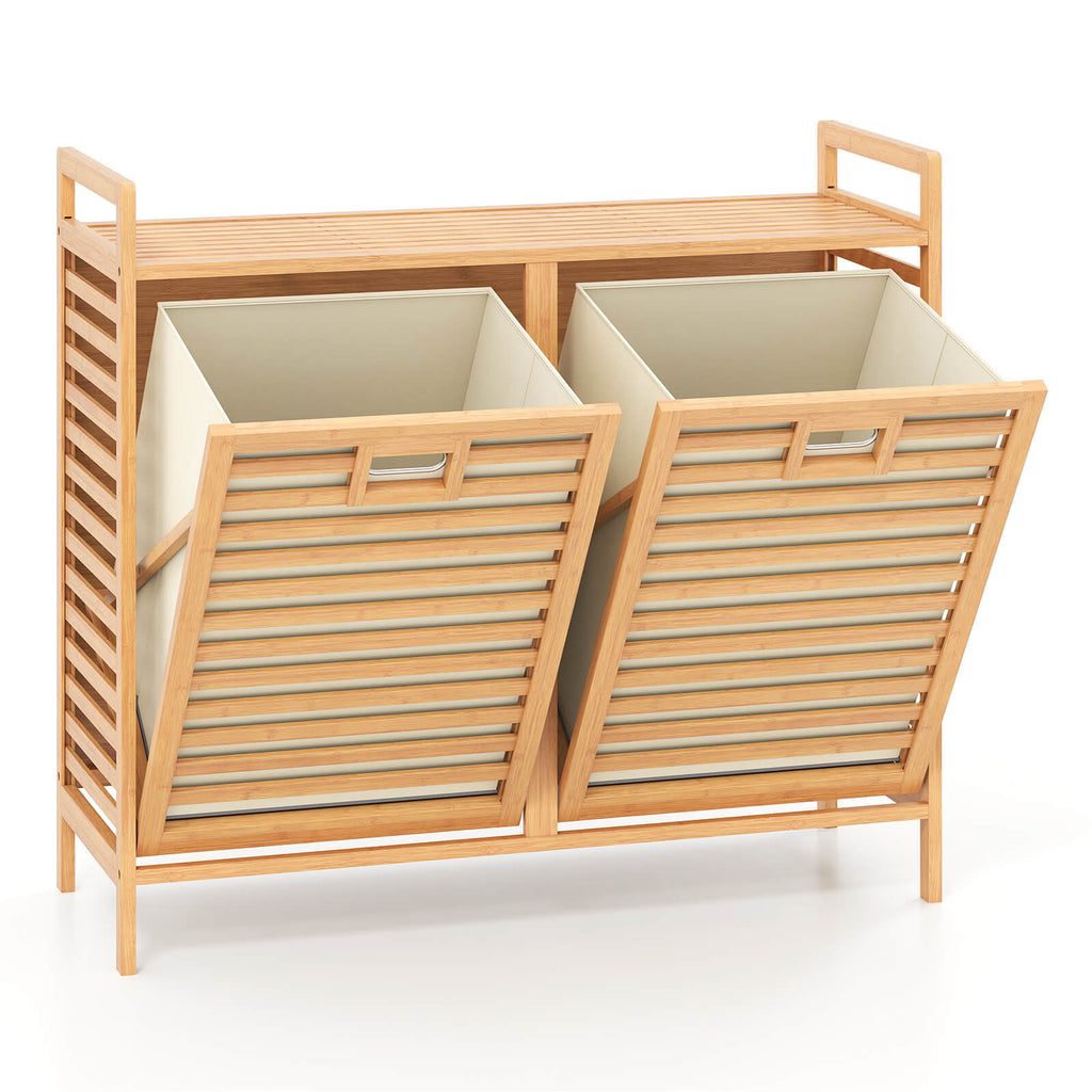 75L Double Tilt-out Laundry Hamper Bamboo with 2 Removable Bins-