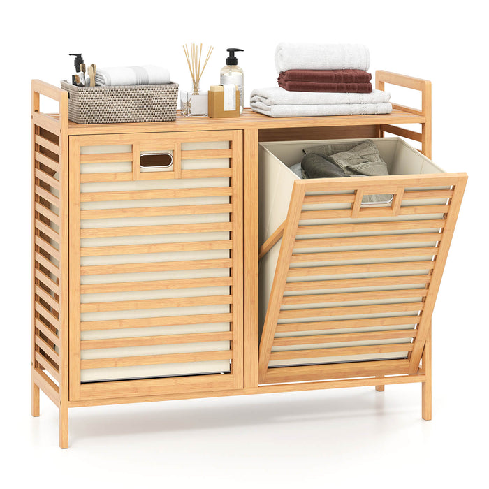75L Double Tilt-out Laundry Hamper Bamboo with 2 Removable Bins-