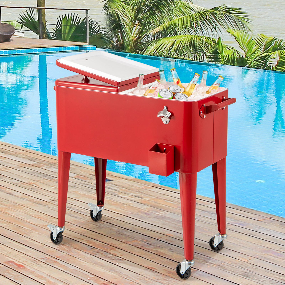 75 L Rolling Ice Chest Portable Patio Cooler on Wheels Outdoor Drink Beverage Cooler Cart-