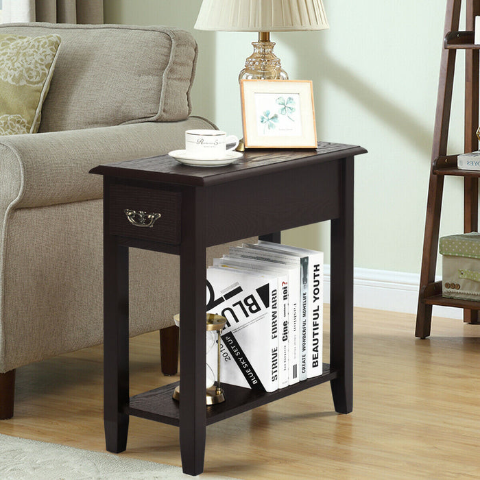 2-Tier Bedside Table with Drawer and Storage Shelf-White