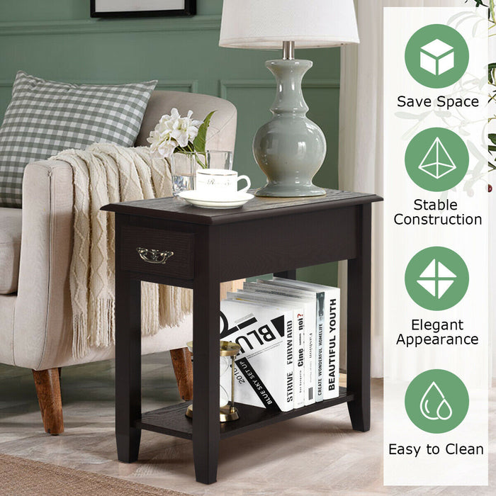 2-Tier Bedside Table with Drawer and Storage Shelf-White