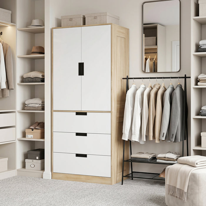 HOMCOM Modern Clothes Storage Cupboard Unit, 3 Drawer 2 Door Wardrobe with Hanging Rod, Oak