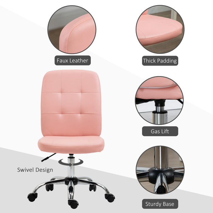 Pink Faux Leather Armless Desk Chair - Stylish & Comfortable Seating Solution for Office and Home Study - Ideal for Students and Professionals