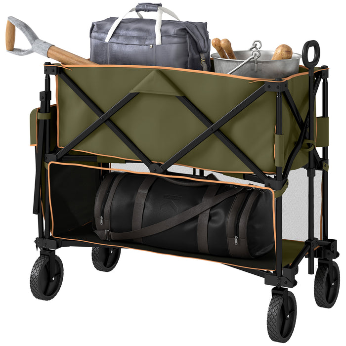 Outsunny Double Decker Folding Trolley on Wheels, 200KG & 350L Capacity Collapsible Wagon Festival Trolley Cart with 134cm Extended for Camping Sports Shopping Garden and Beach, Grey