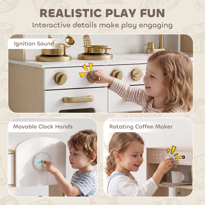 AIYAPLAY Play Kitchen, Kids Kitchen Playset with Rotating Coffee Machine, Storage Shelf, Stove, Gift for Kids 3-6 Years, White