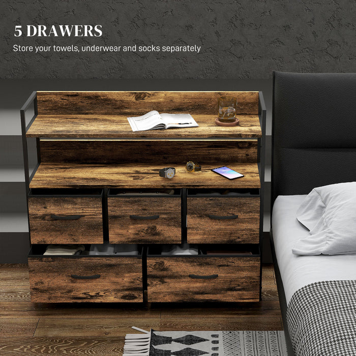 Rustic Wood-Effect Storage Unit - Chest with 5 Brown Fabric Drawers - Ideal Organizer for Bedroom or Living Spaces