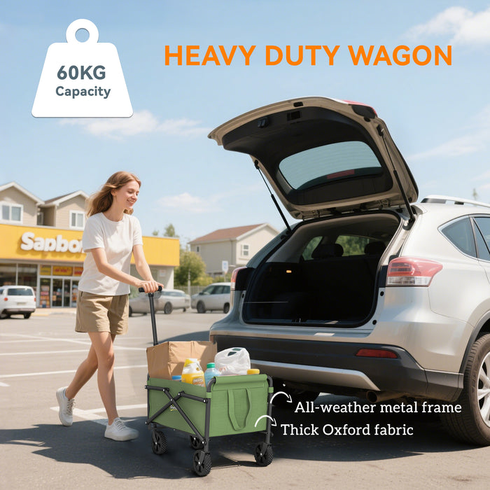 Outsunny 41L Festival Trolley on Wheels, Small Garden Folding Trolley Cart, 60kg Heavy Duty Collapsible Folding Wagon with Adjustable Handle and Carrying Bag for Beach, Camping, Festival, Green