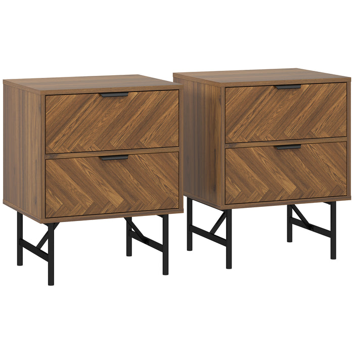 HOMCOM Bedside Table Set of 2 with 2 Drawers, Modern Side Tables with Herringbone Pattern and Metal Legs for Bedroom, Living Room, Walnut Brown