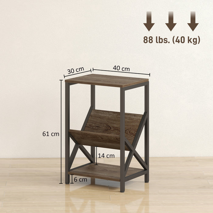 HOMCOM Narrow Side Table, End Table with 3-Tier Storage, V-Shaped Magazine Holder for Living Room, Bedroom, 40 x 30 x 61cm, Oak