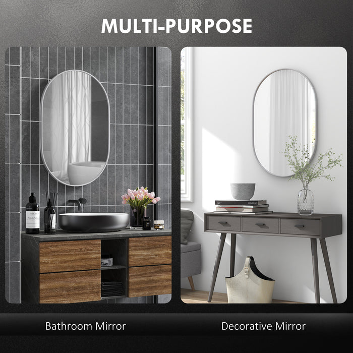 Modern Oval Wall-Mounted Mirror - Aluminum-Framed Vanity Mirror for Bathroom or Living Room, 60x90 cm - Versatile Hanging Options, Silver Finish for Entryways and Home Decor
