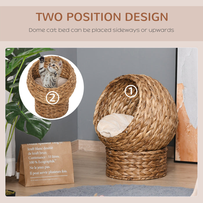 PawHut Woven Banana Leaf Elevated Cat Bed Wicker Kitten Basket Pet Den, House Cosy Cave with Soft Cushion Dome 50x42x60cm Brown