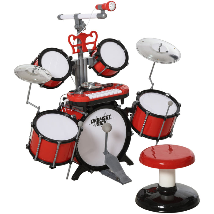 HOMCOM Kids Drum Set for Beginners, Drum Kit with Toy Microphone, Cymbal, Pedal & Drumsticks, Educational Musical Toy, Red