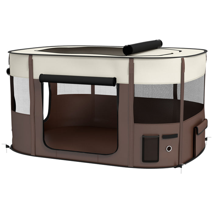 Foldable Canine Playpen with Carry Bag - Durable Indoor/Outdoor Pet Enclosure, Brown - Ideal for Puppy Playtime and Travel Convenience