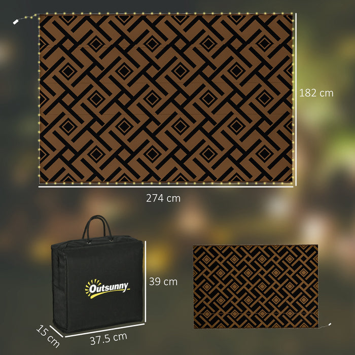 Reversible RV Outdoor Rug with LED Lights - Durable Plastic Straw Mat in Brown and Black, 182 x 274cm - Perfect for Camping and Patio Decoration