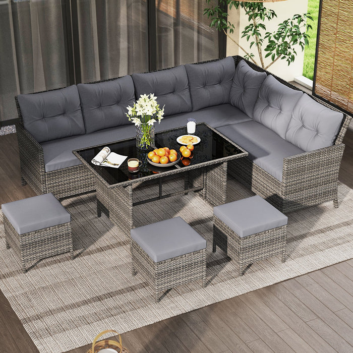 7 Pieces Patio Dining Furniture Set Outdoor PE Rattan Sectional Sofa Set-Off White