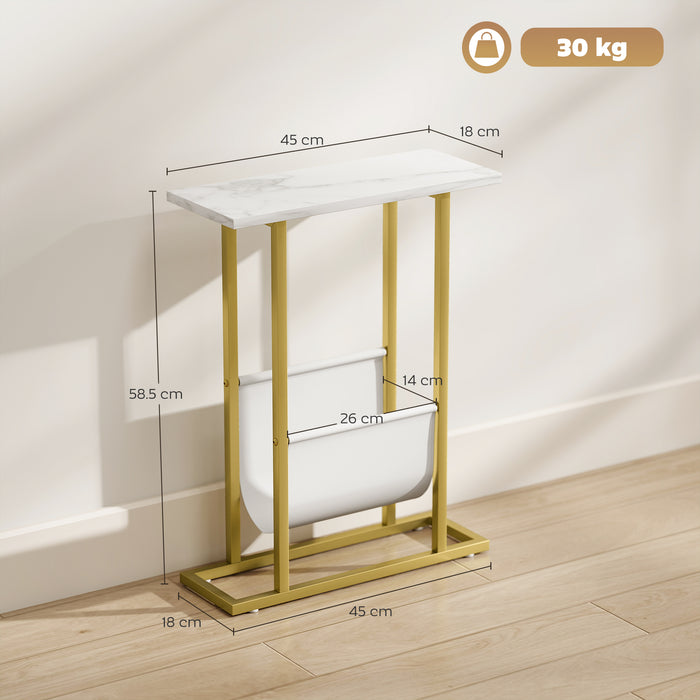 HOMCOM Narrow Side Table, End Table with Magazine Holder, Nightstand for Small Spaces, Living Room, Bedroom, White Marble Grain