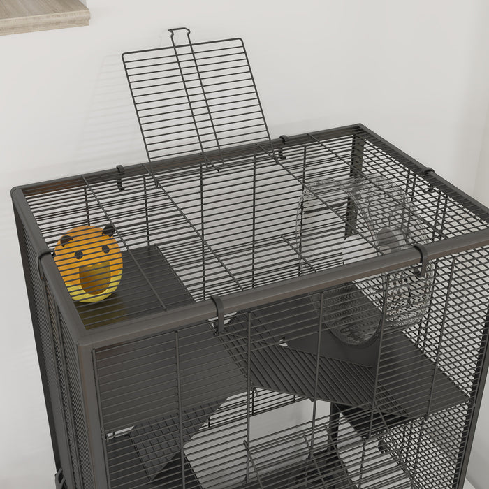 PawHut 4 Tiers Hamster Cage with Deep Tempered Glass Bottom, Hut, Running Wheel, Food Dish, Water Bottle, 60 x 40 x 80cm
