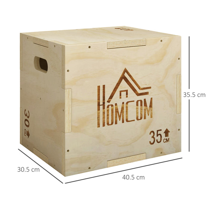 HOMCOM 3-in-1 Wooden Plyo Box, Plyometric Jump Box with Handle Openings for Home Gym, 12" x 14" x 16", Natural