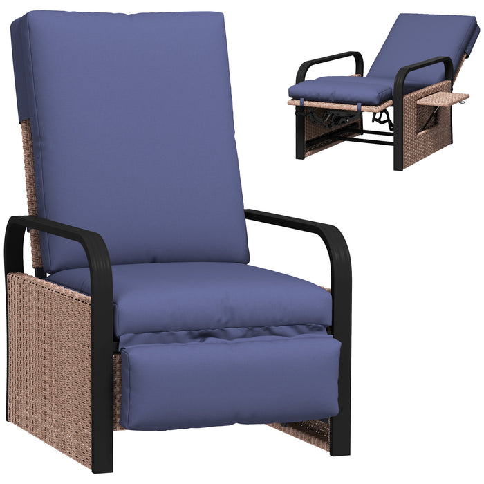 Outsunny Rattan Garden Recliner Chair, Reclining Rattan Chair with Adjustable Backrest and Footrest, Outdoor Lounge Sun Lounger with Cushion, Side Tray and Aluminium Armrests, Brown/Blue