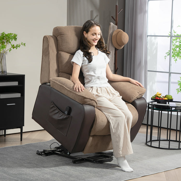 HOMCOM Power Lift Recliner Chair for Elderly, Patchwork Design Oversized Electric Riser and Recliner Armchair for Living Room with Remote Control and 2 Side Pockets, Brown