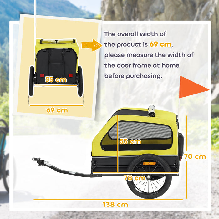 PawHut Dog Bike Trailer with Flip-Down Ramp Tailgate, Quick Release Frame, Universal Bicycle Coupler, Reflectors, Yellow