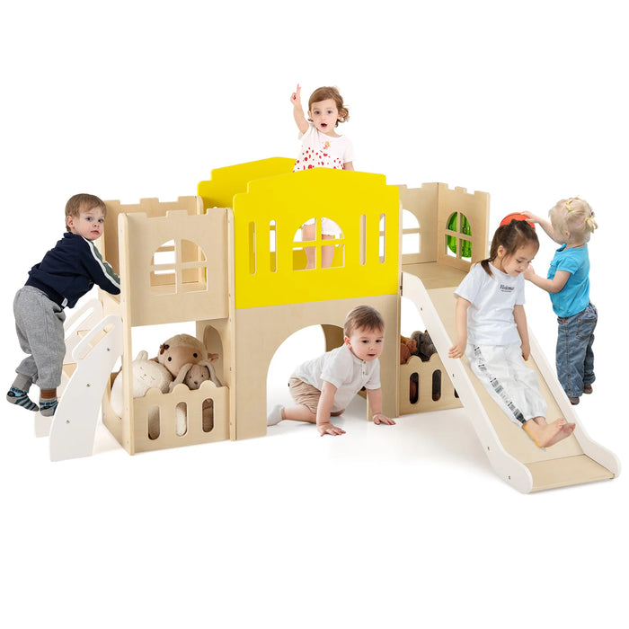 7-in-1 Toddler Slide Set with Ladder and Long Aisle Wooden Playground-