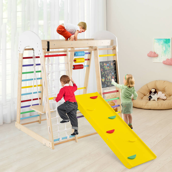 7-in-1 Wooden Climbing Toy Set for Toddlers with Monkey Bars and Blackboard-