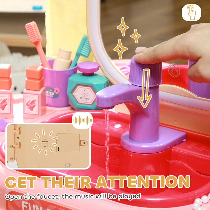 AIYAPLAY Kids Dressing Table with Mirror, LED Light, 23 Accessories, Pink | Aosom UK