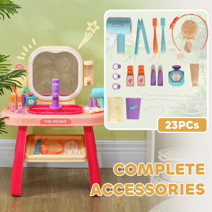 AIYAPLAY Kids Dressing Table with Mirror, LED Light, 23 Accessories, Pink | Aosom UK