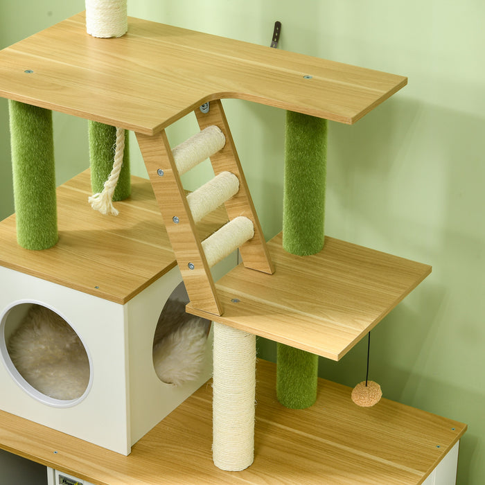 Oak-Themed Cat Tree with Concealed Litter Box Feature - Multi-Level Climbing Tower, Scratching Posts, Playhouse & Steps for Active Cats - Space-Saving Design for Indoor Pet Owners