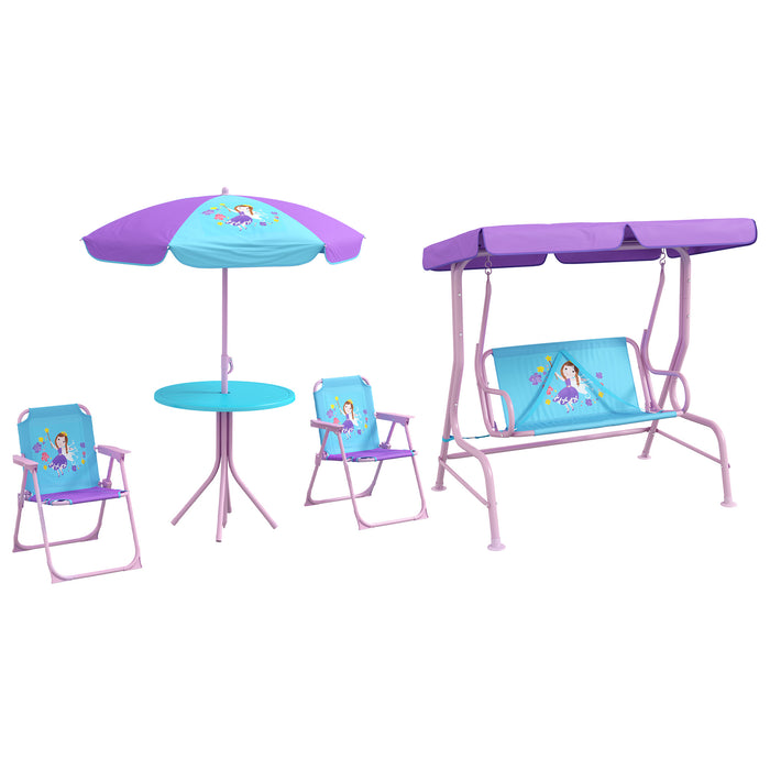 Kids Outdoor 4-Piece Fun Set - Swing with Adjustable Canopy & Table-Chair Combo with Parasol - Ideal for Girls Aged 3-6 Years