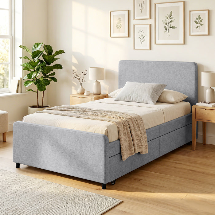 HOMCOM 3ft Single Bed Frame with Trundle, Upholstered Pull Out Trundle Bed with Headboard and Footboard, Light Grey