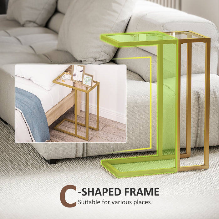 HOMCOM C-Shaped Bedside Table, Modern Side Table with Tempered Glass Tabletop, Steel Frame for Small Space, Living Room, Bedroom, Gold Tone