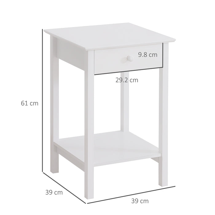 HOMCOM White Bedside Table, Wooden Side Table, Nightstand, Bedside Cabinet with Drawer and Storage Shelf for Bedroom and Living Room, Set of 2