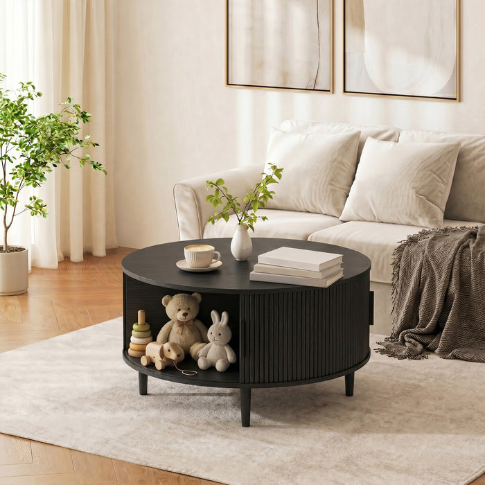 HOMCOM Coffee Table with Lift Top and Hidden Storage, Round Centre Table with Fluted Sliding Door, 80 cm, Black Wood Effect