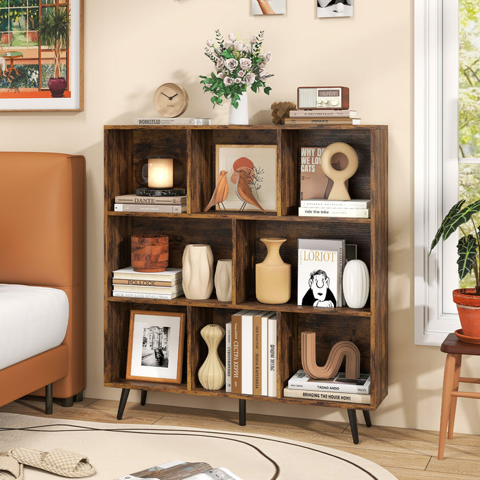 8-Cube Mid Century Modern Bookcase with 5 Tapered Metal Legs-