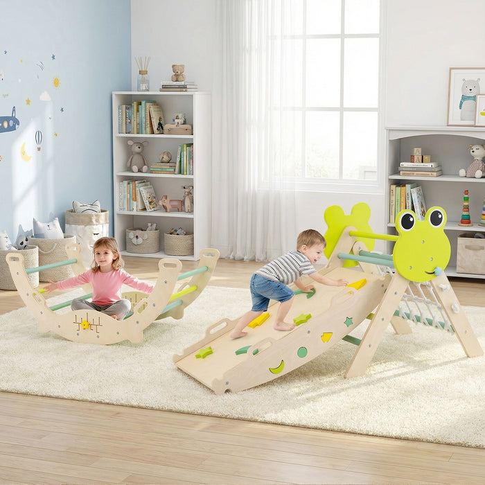 8-in-1 Toddler Wooden Triangle Set with Arch Climber and Foldable Rope Triangle-